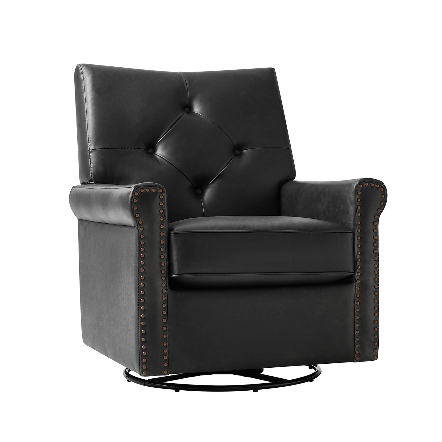 Smelda Genuine Leather Swivel Rocker Chair – Black Tufted Club Chair
