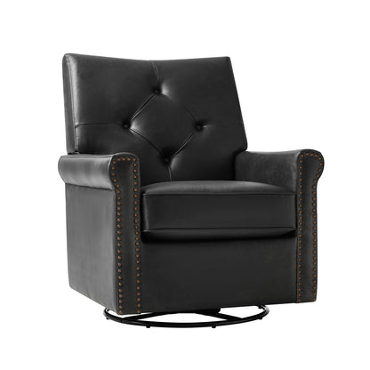 Smelda Genuine Leather Swivel Rocker Chair – Black Tufted Club Chair