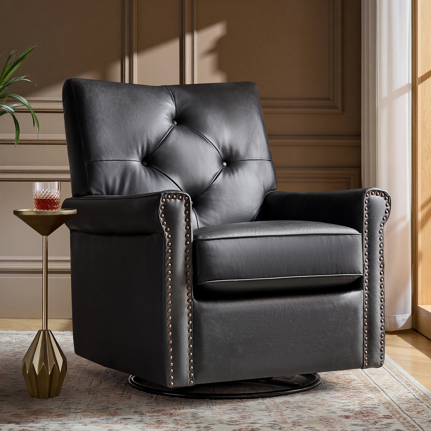Smelda Genuine Leather Swivel Rocker Chair – Black Tufted Club Chair