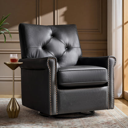 Smelda Genuine Leather Swivel Rocker Chair – Black Tufted Club Chair