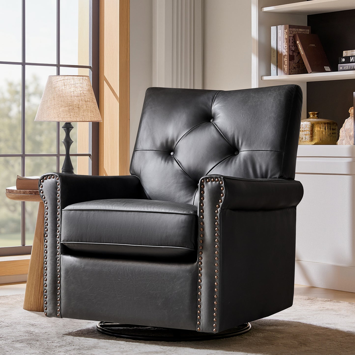 Smelda Genuine Leather Swivel Rocker Chair – Black Tufted Club Chair