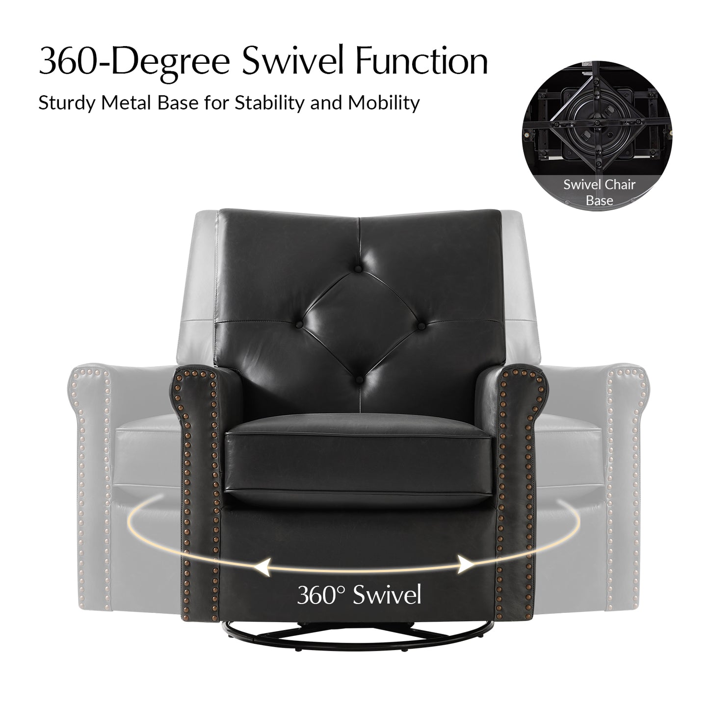 Smelda Genuine Leather Swivel Rocker Chair – Black Tufted Club Chair