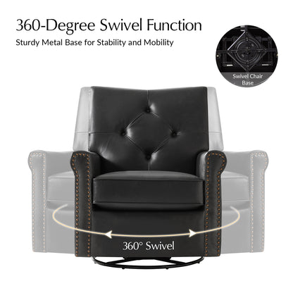 Smelda Genuine Leather Swivel Rocker Chair – Black Tufted Club Chair