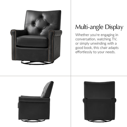 Smelda Genuine Leather Swivel Rocker Chair – Black Tufted Club Chair