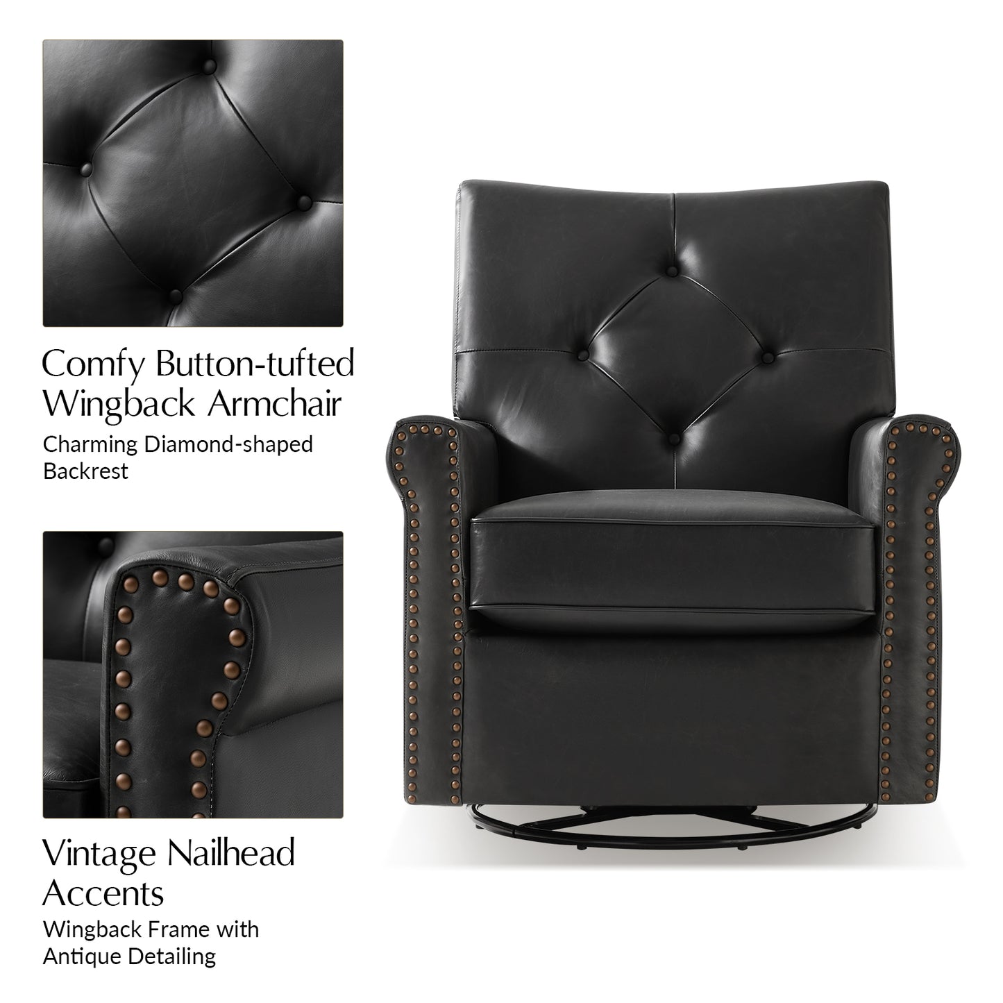 Smelda Genuine Leather Swivel Rocker Chair – Black Tufted Club Chair