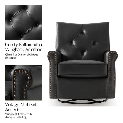 Smelda Genuine Leather Swivel Rocker Chair – Black Tufted Club Chair