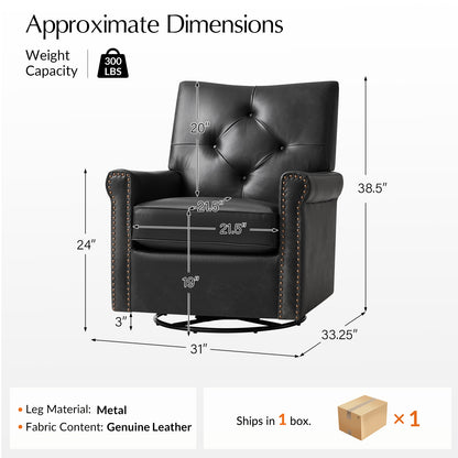 Smelda Genuine Leather Swivel Rocker Chair – Black Tufted Club Chair