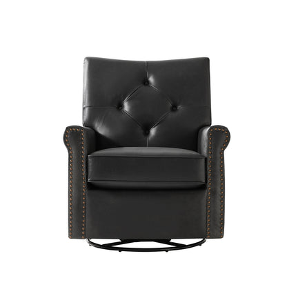 Smelda Genuine Leather Swivel Rocker Chair – Black Tufted Club Chair