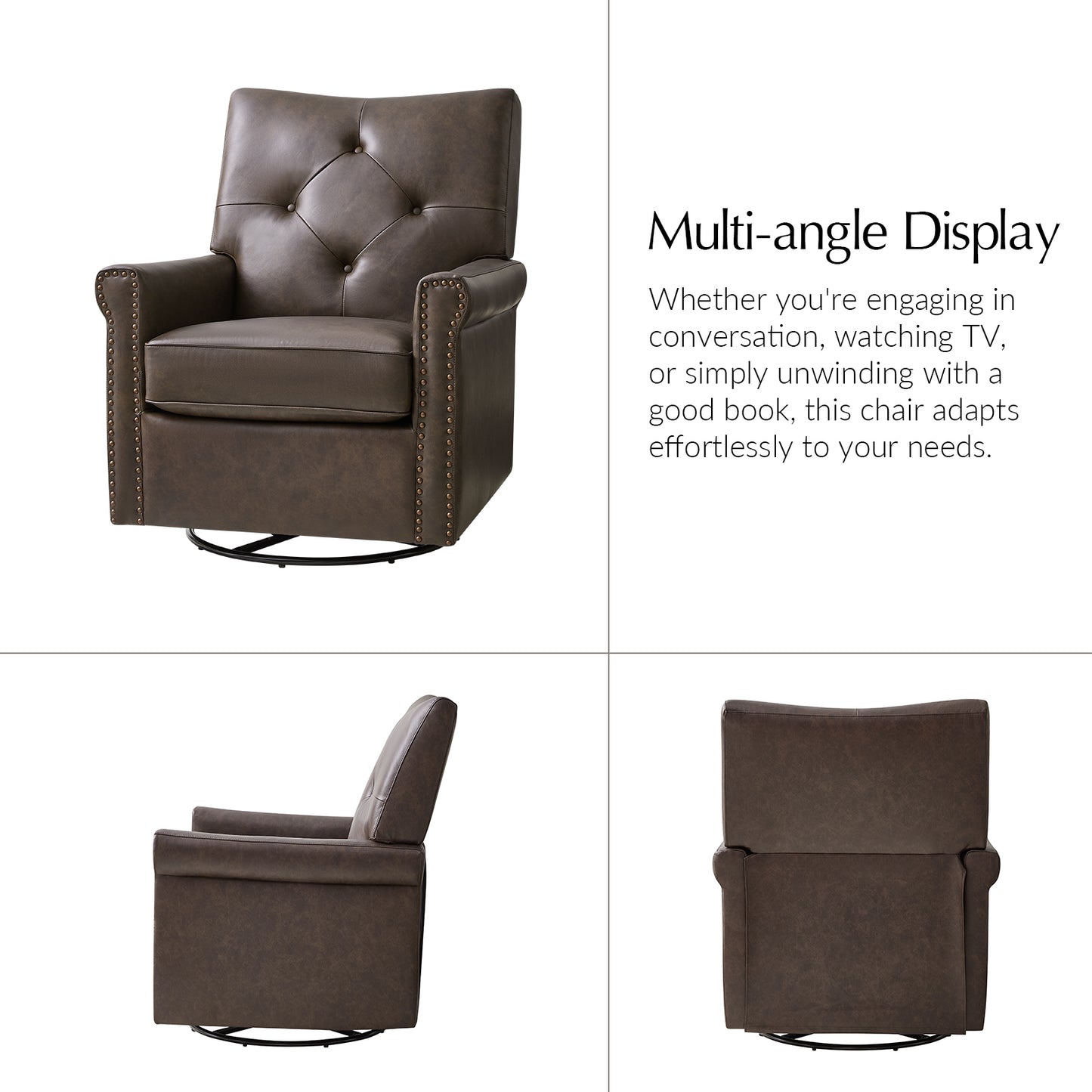Smelda Genuine Leather Swivel Rocker Chair – Chocolate Tufted Club Chair