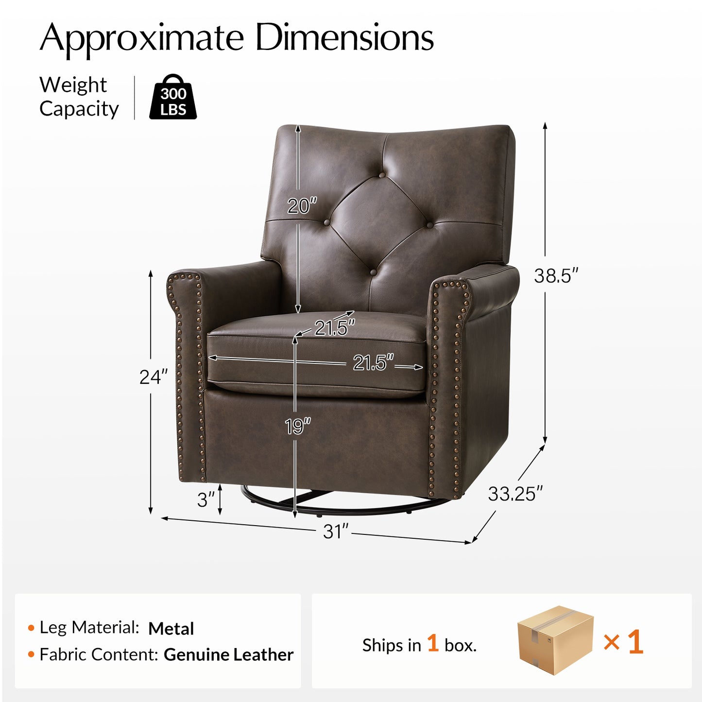 Smelda Genuine Leather Swivel Rocker Chair – Chocolate Tufted Club Chair
