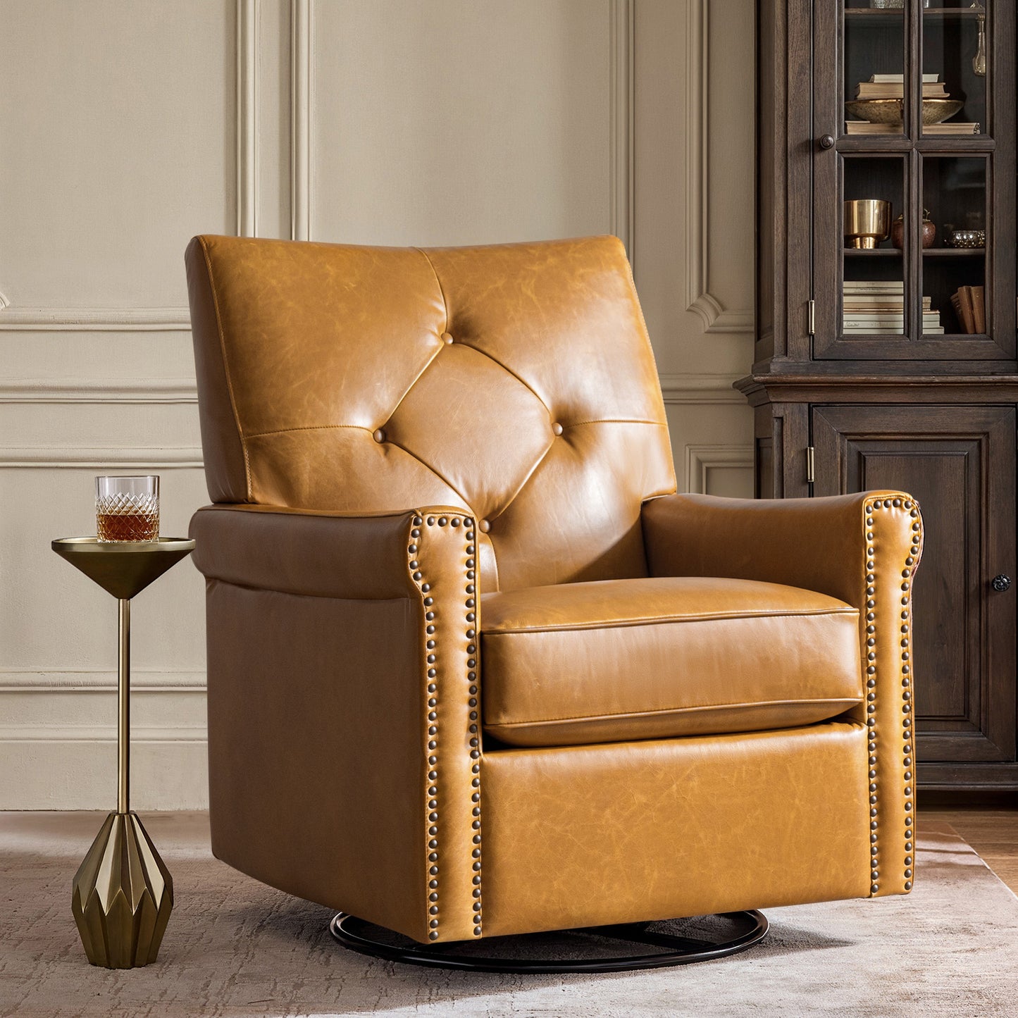 Smelda Genuine Leather Swivel Rocker Chair – Camel Tufted Club Chair