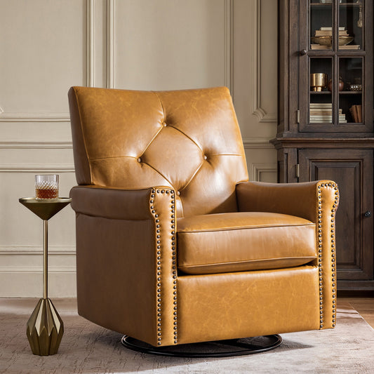 Smelda Genuine Leather Swivel Rocker Chair – Camel Tufted Club Chair
