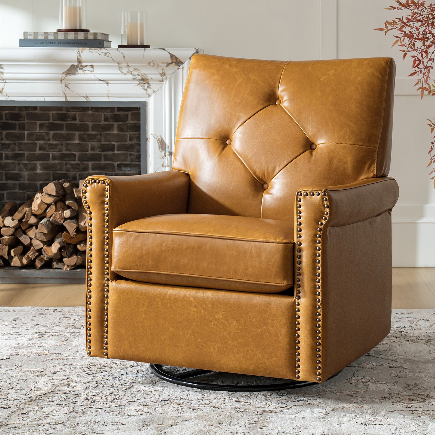 Smelda Genuine Leather Swivel Rocker Chair – Camel Tufted Club Chair