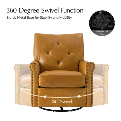 Smelda Genuine Leather Swivel Rocker Chair – Camel Tufted Club Chair