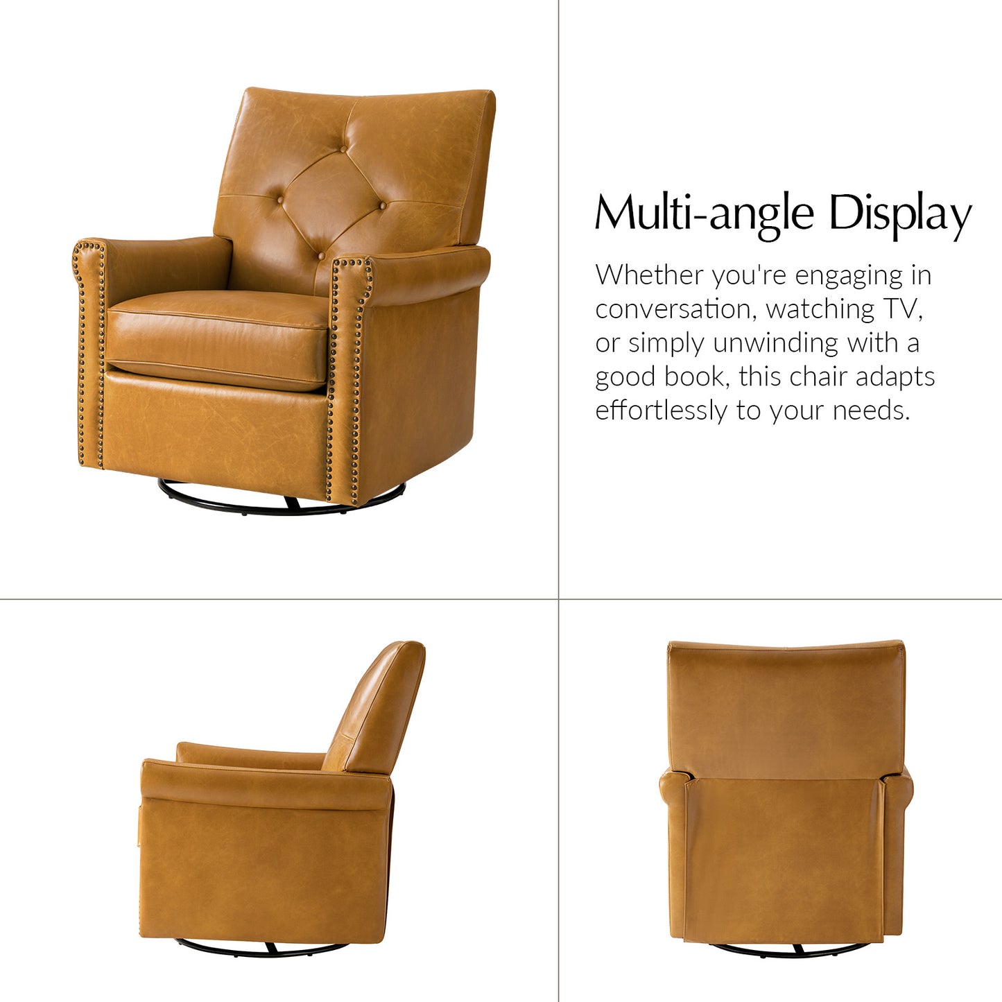 Smelda Genuine Leather Swivel Rocker Chair – Camel Tufted Club Chair