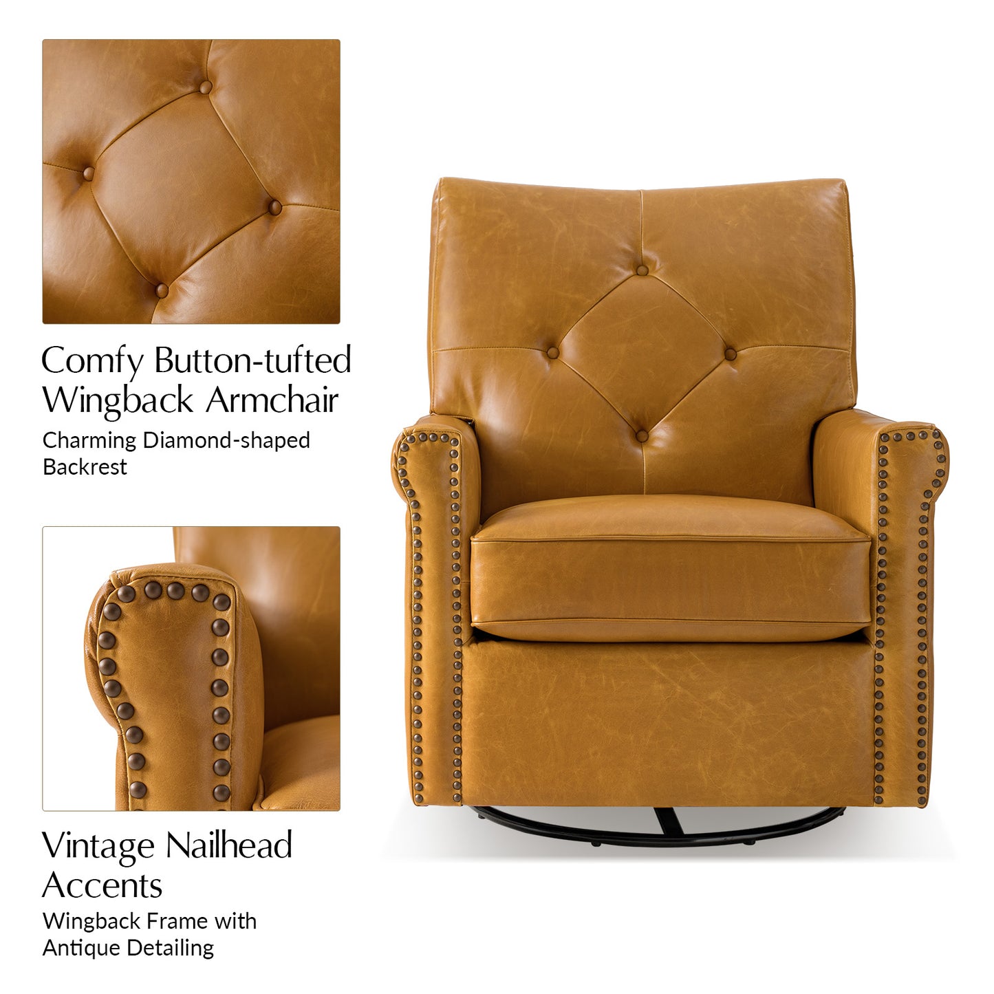 Smelda Genuine Leather Swivel Rocker Chair – Camel Tufted Club Chair