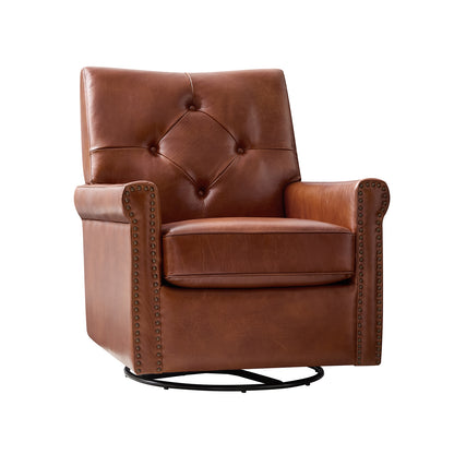 Smelda Genuine Leather Swivel Rocker Chair – Saddle Tufted Club Chair