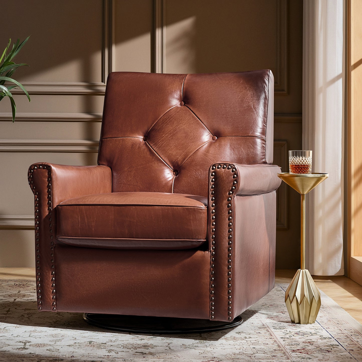 Smelda Genuine Leather Swivel Rocker Chair – Saddle Tufted Club Chair