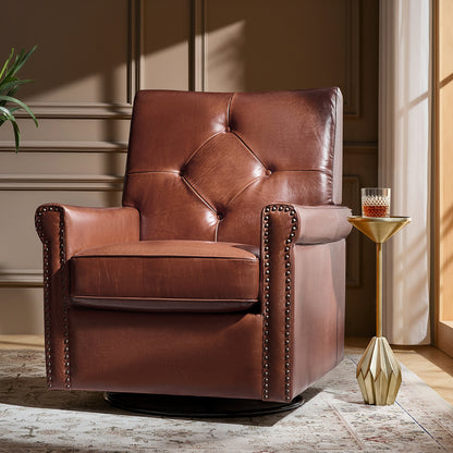 Smelda Genuine Leather Swivel Rocker Chair – Saddle Tufted Club Chair