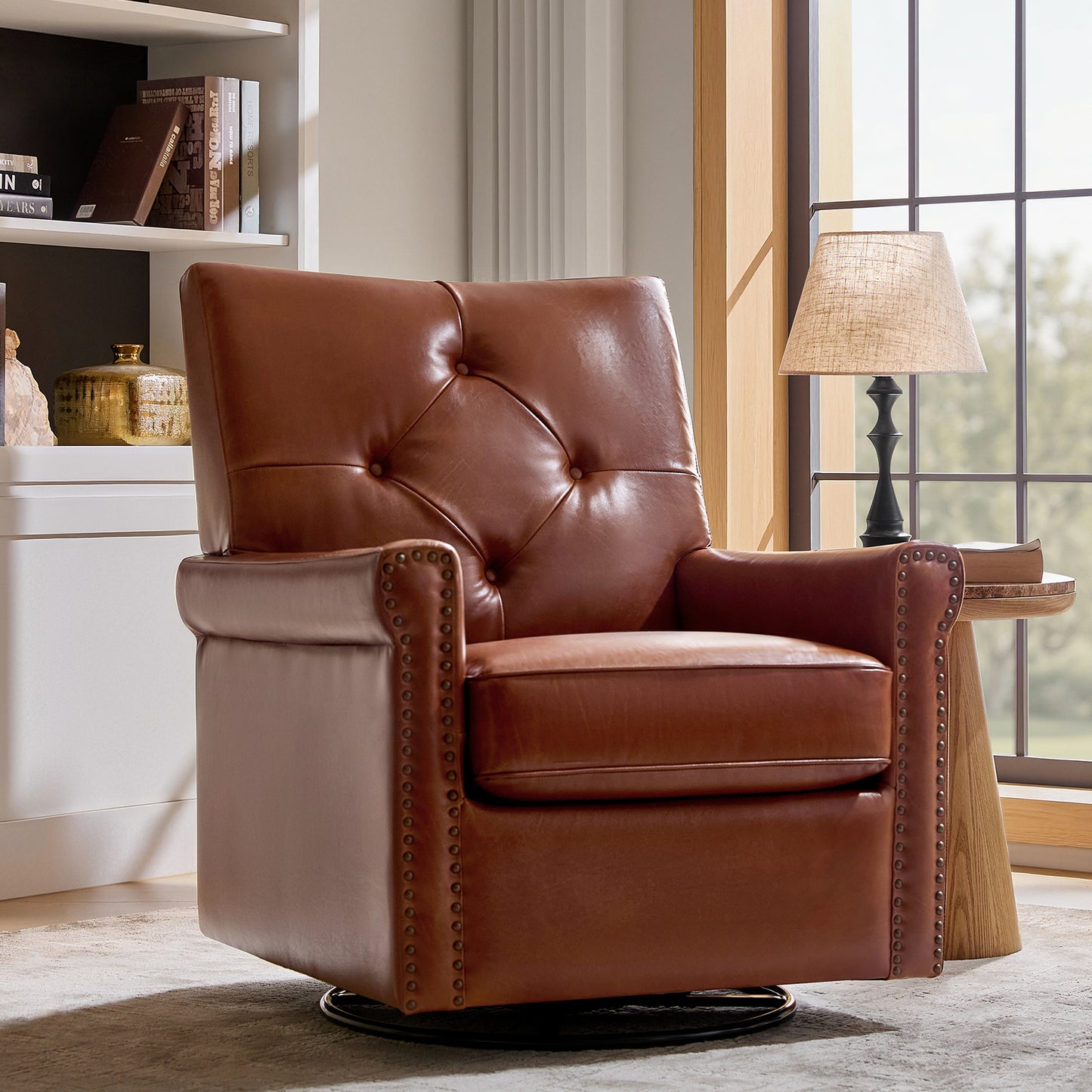 Smelda Genuine Leather Swivel Rocker Chair – Saddle Tufted Club Chair