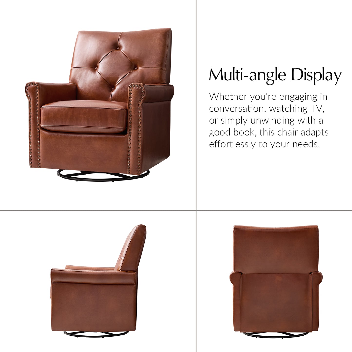 Smelda Genuine Leather Swivel Rocker Chair – Saddle Tufted Club Chair