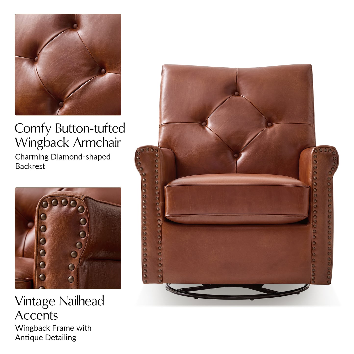 Smelda Genuine Leather Swivel Rocker Chair – Saddle Tufted Club Chair