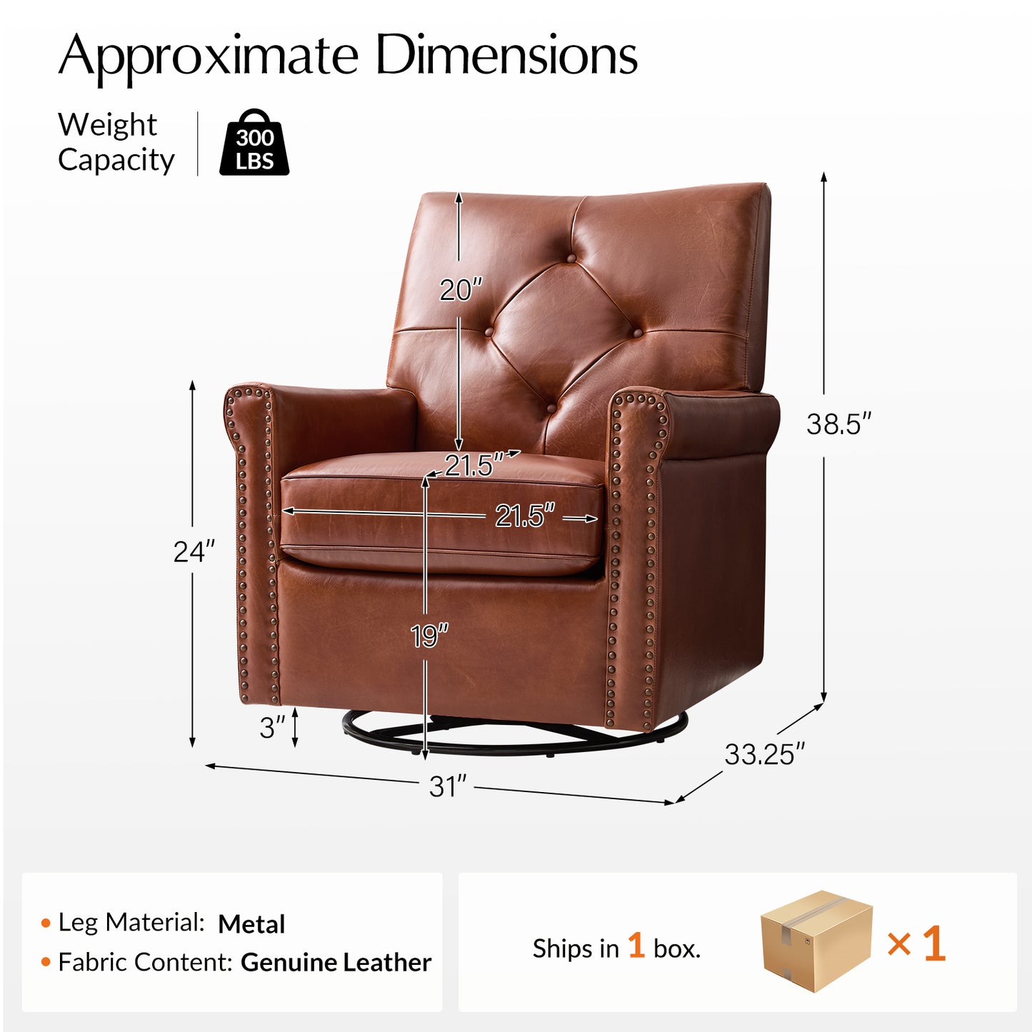 Smelda Genuine Leather Swivel Rocker Chair – Saddle Tufted Club Chair