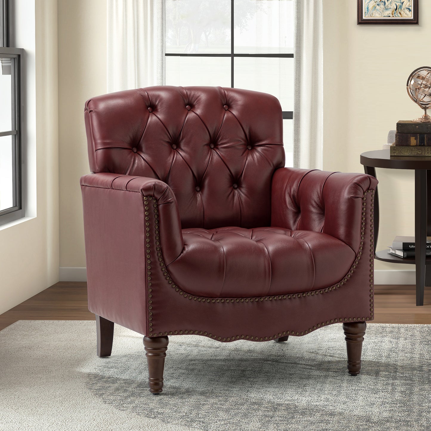 Elijah Genuine Leather Armchair – Burgundy Tufted Nailhead Accent Chair