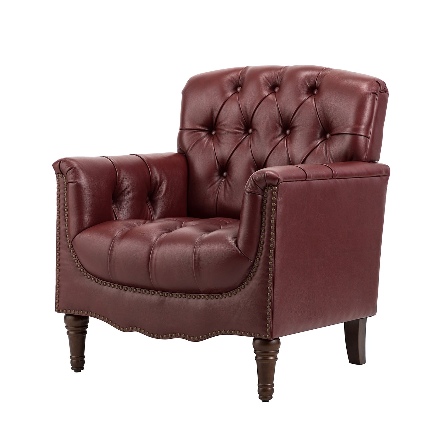 Elijah Genuine Leather Armchair – Burgundy Tufted Nailhead Accent Chair