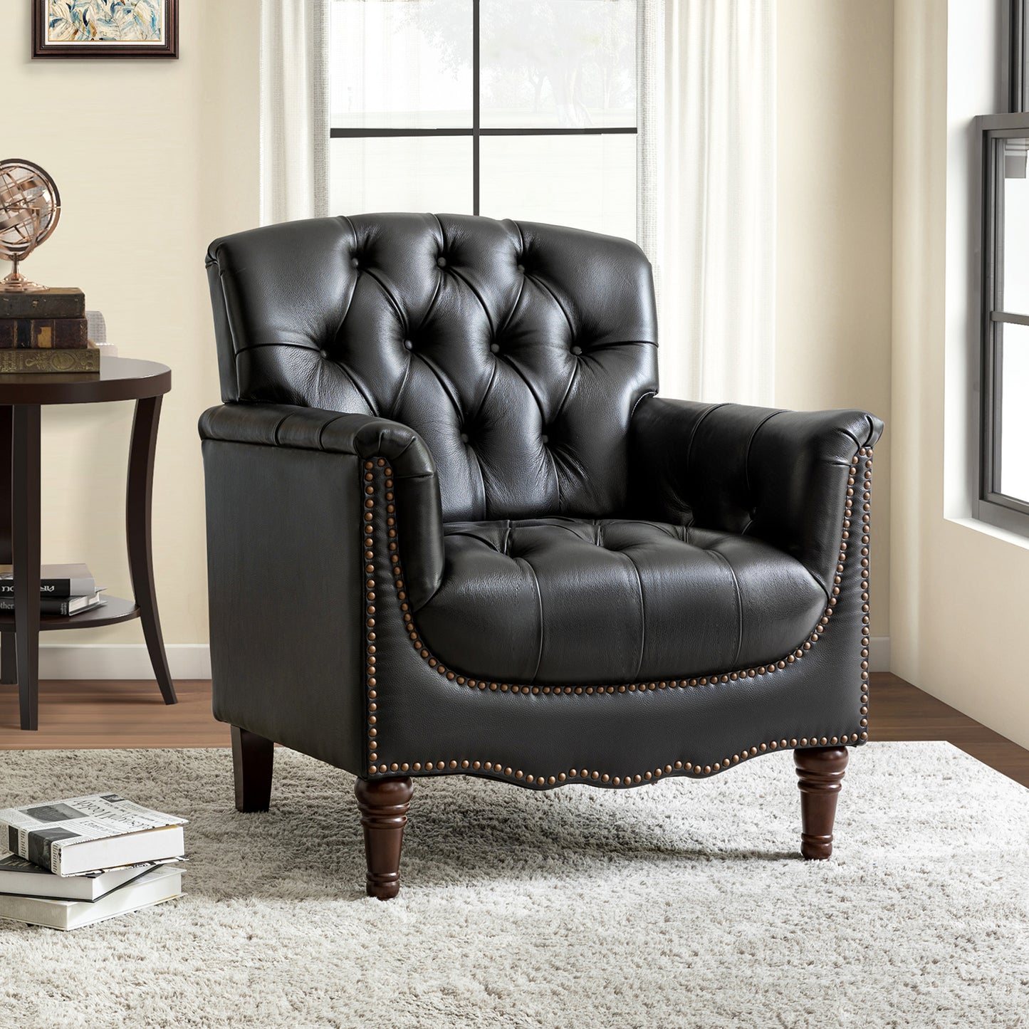 Elijah Genuine Leather Armchair – Black Tufted Nailhead Accent Chair