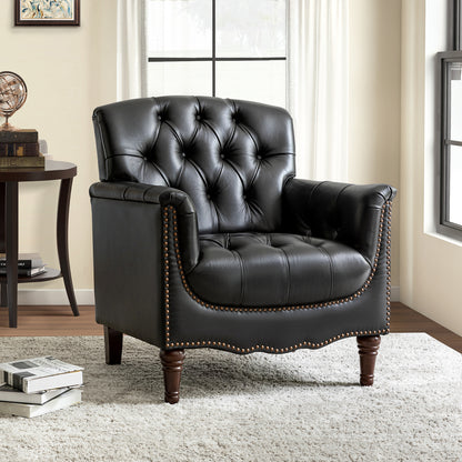 Elijah Genuine Leather Armchair – Black Tufted Nailhead Accent Chair