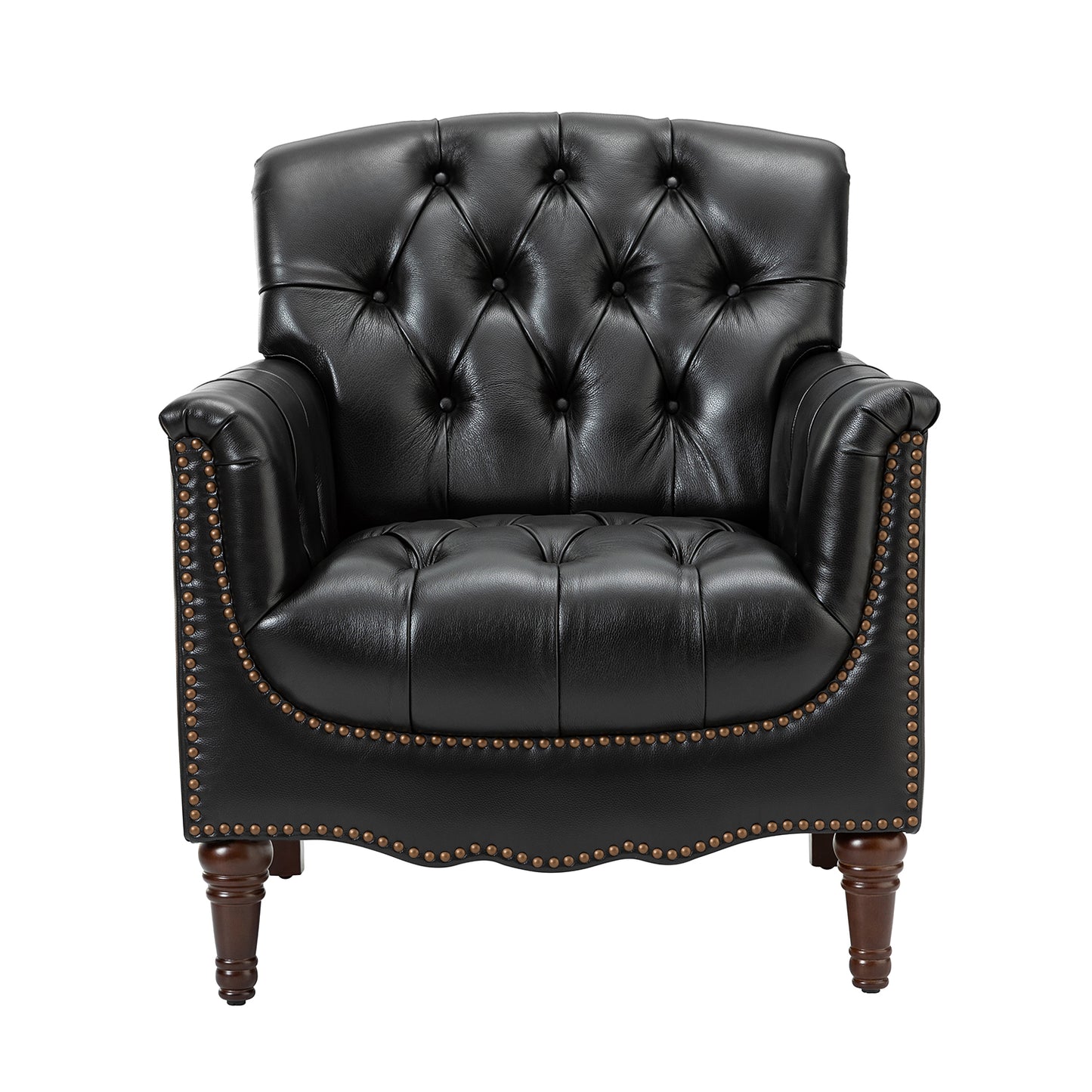 Elijah Genuine Leather Armchair – Black Tufted Nailhead Accent Chair