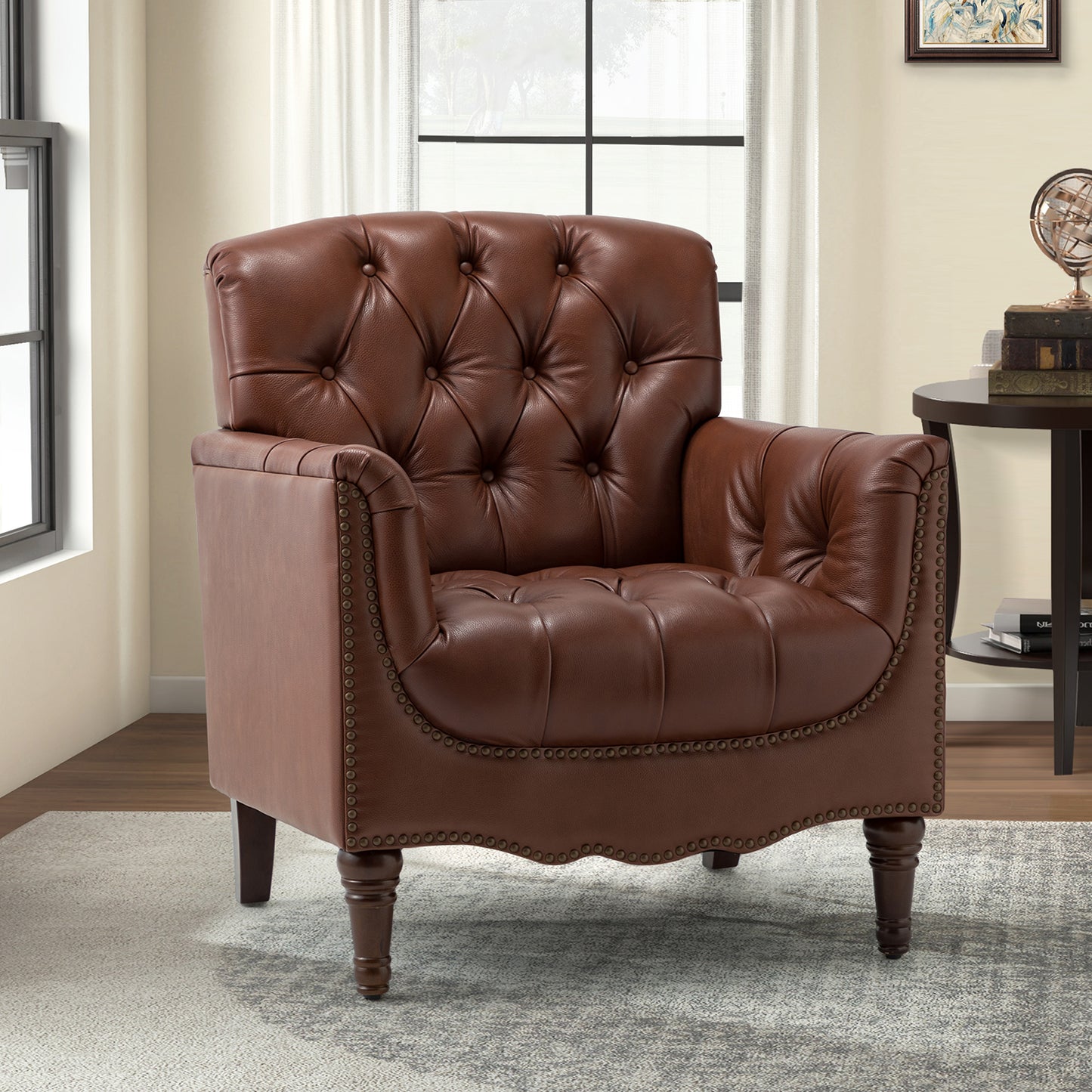 Elijah Genuine Leather Armchair – Brown Tufted Nailhead Accent Chair