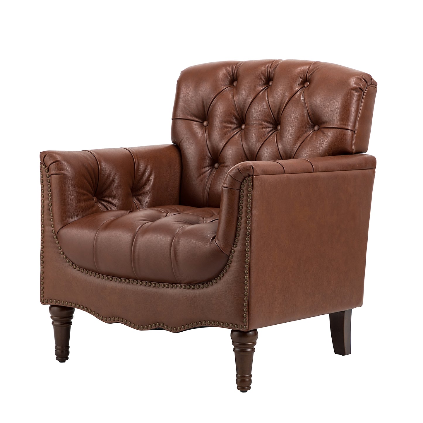 Elijah Genuine Leather Armchair – Brown Tufted Nailhead Accent Chair
