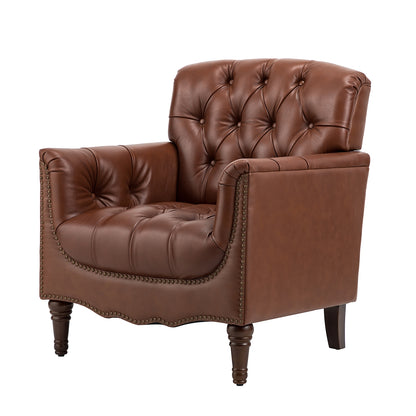Elijah Genuine Leather Armchair – Brown Tufted Nailhead Accent Chair