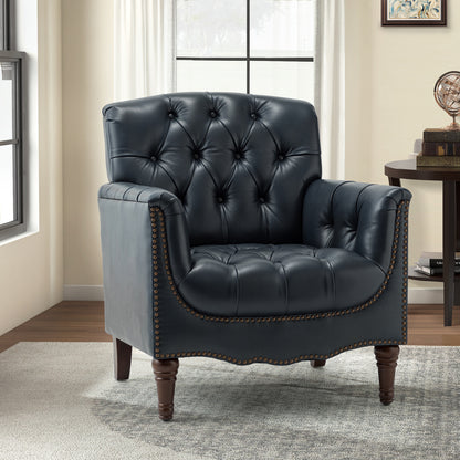 Elijah Genuine Leather Armchair – Navy Tufted Nailhead Accent Chair