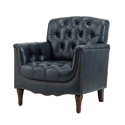Elijah Genuine Leather Armchair – Navy Tufted Nailhead Accent Chair