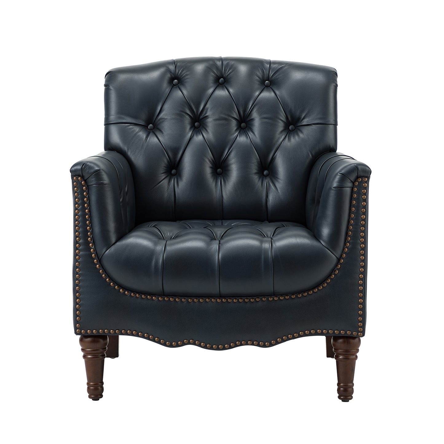 Elijah Genuine Leather Armchair – Navy Tufted Nailhead Accent Chair