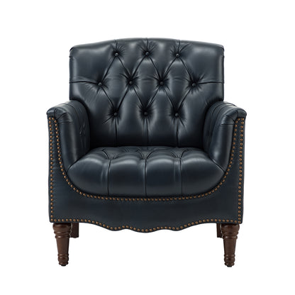 Elijah Genuine Leather Armchair – Navy Tufted Nailhead Accent Chair