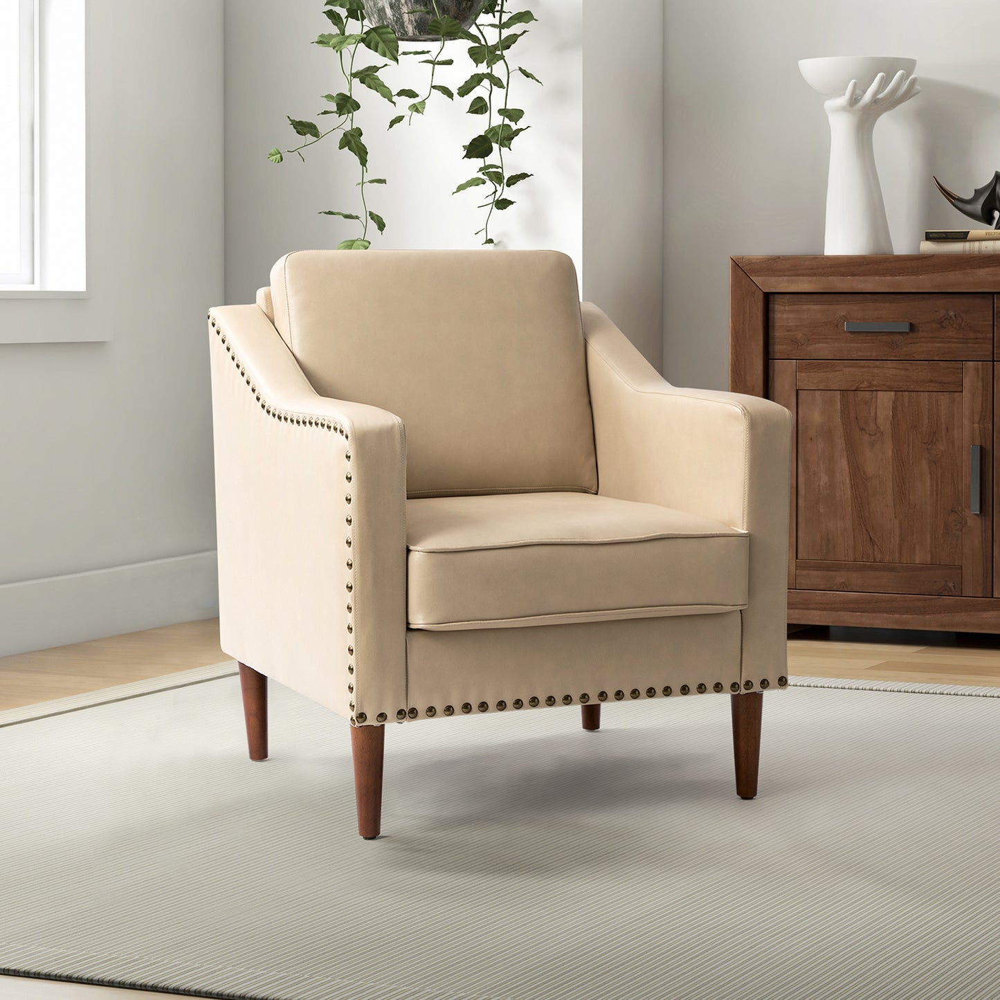 Bonita Vegan Leather Armchair – Beige Nailhead Accent Chair