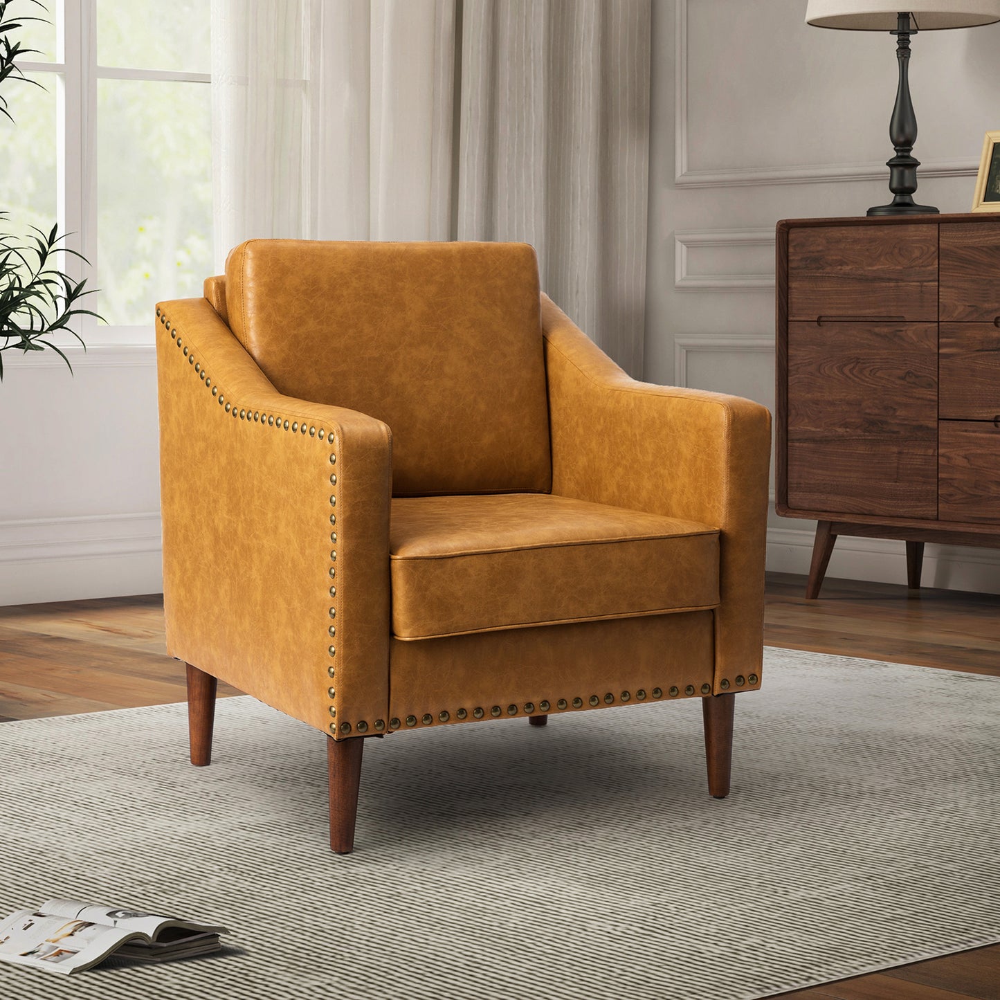 Bonita Vegan Leather Armchair – Camel Nailhead Accent Chair