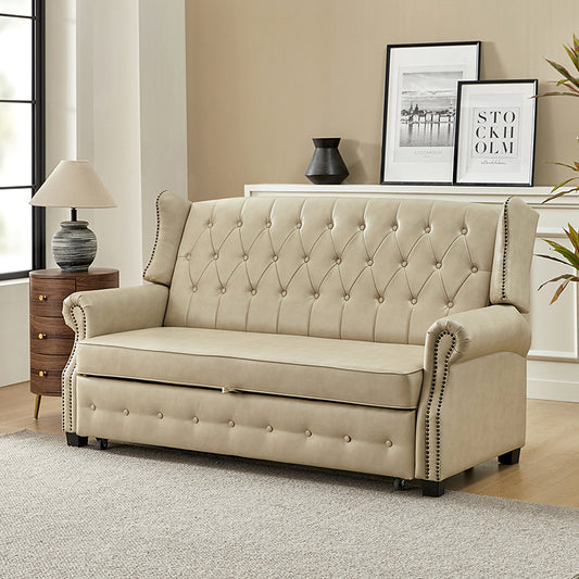 Ruedi Vegan Leather Sleeper Sofa – Beige Chesterfield Convertible Sofa Bed