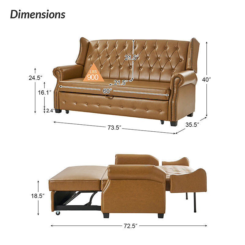 Ruedi Vegan Leather Sleeper Sofa – Camel Chesterfield Convertible Sofa Bed