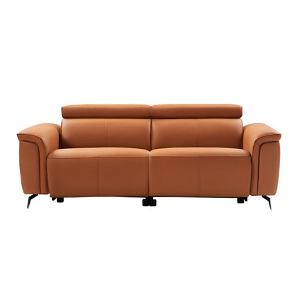 Evaristo Power Sofa – Caramel Power Reclining Leather Sofa with Adjustable Headrests