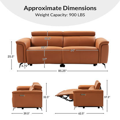 Evaristo Power Sofa – Caramel Power Reclining Leather Sofa with Adjustable Headrests