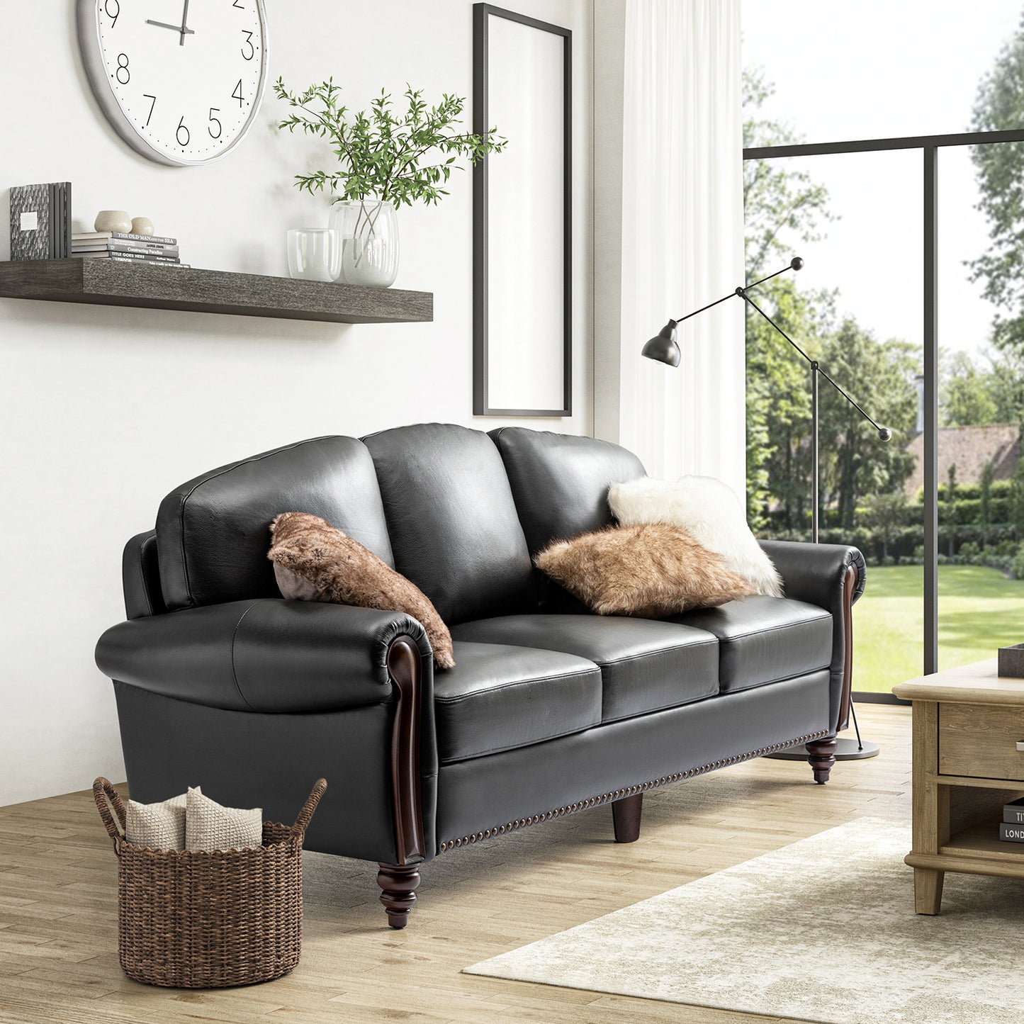 Dietmar Genuine Leather Sofa – Black Curved Leather Nailhead Sofa