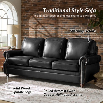 Gerardo Genuine Leather Sofa – Black Rolled Arm Nailhead Sofa