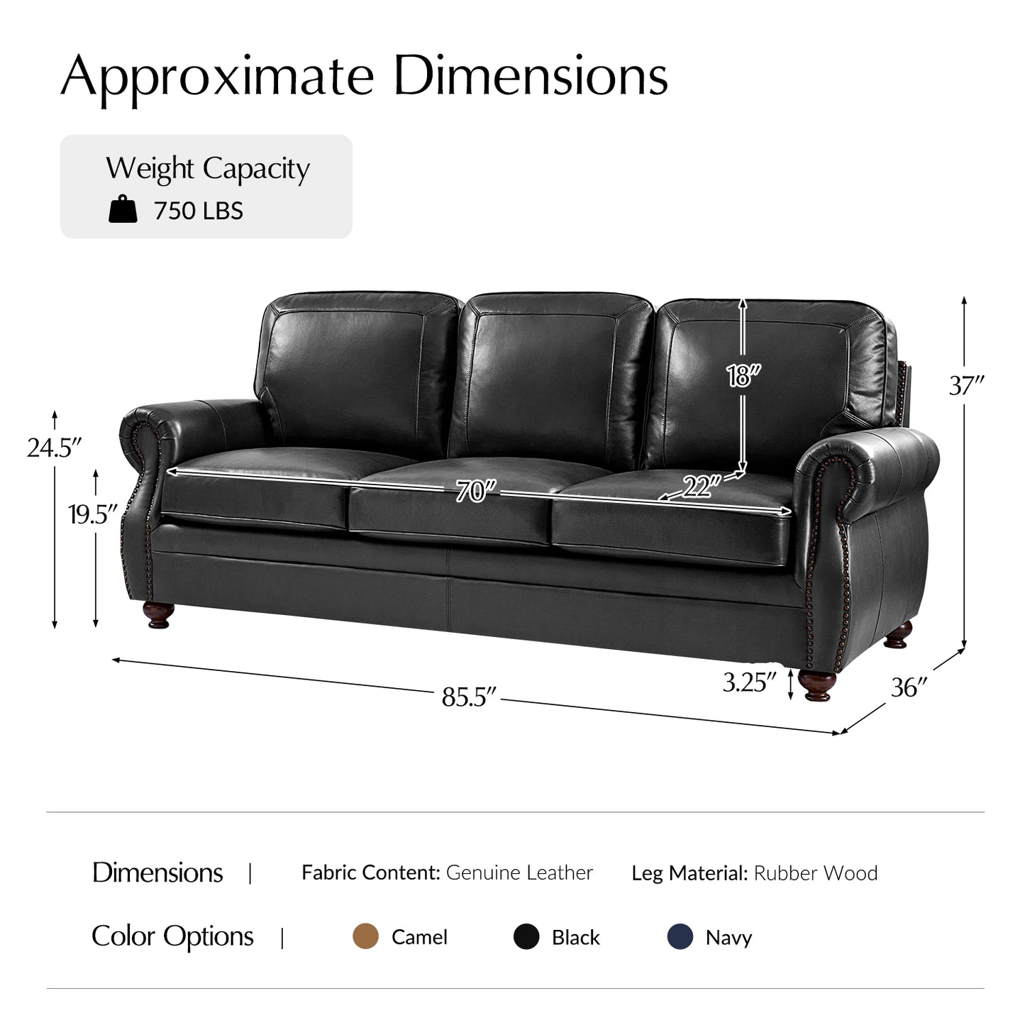 Gerardo Genuine Leather Sofa – Black Rolled Arm Nailhead Sofa
