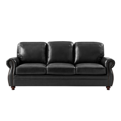 Gerardo Genuine Leather Sofa – Black Rolled Arm Nailhead Sofa