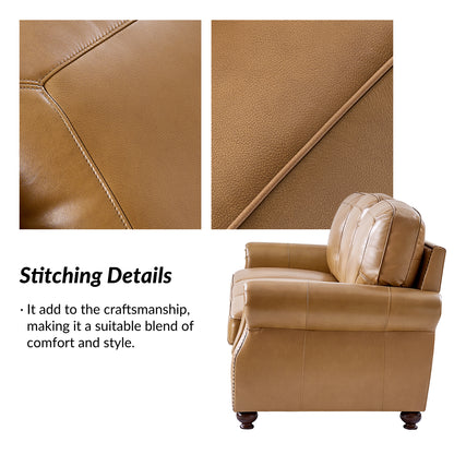 Gerardo Genuine Leather Sofa – Camel Rolled Arm Nailhead Sofa